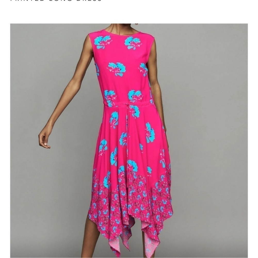 Maje Floral Hot Pink Asymmetrical MIDI Dress